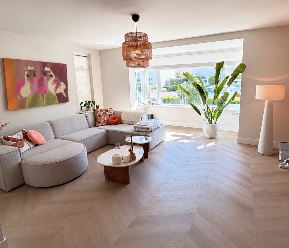 Woonkamer met strak gestuukte wanden en plafond, foto van een klant
